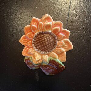 Vintage Ceramic Sunflower Painted Brooch w/ Orange Leaves
